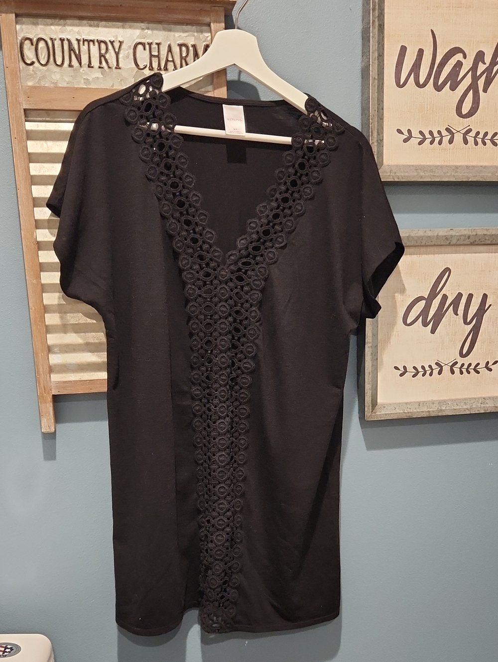 Merona Black Short-Sleeve Swim Coverup with Crochet V-Trim